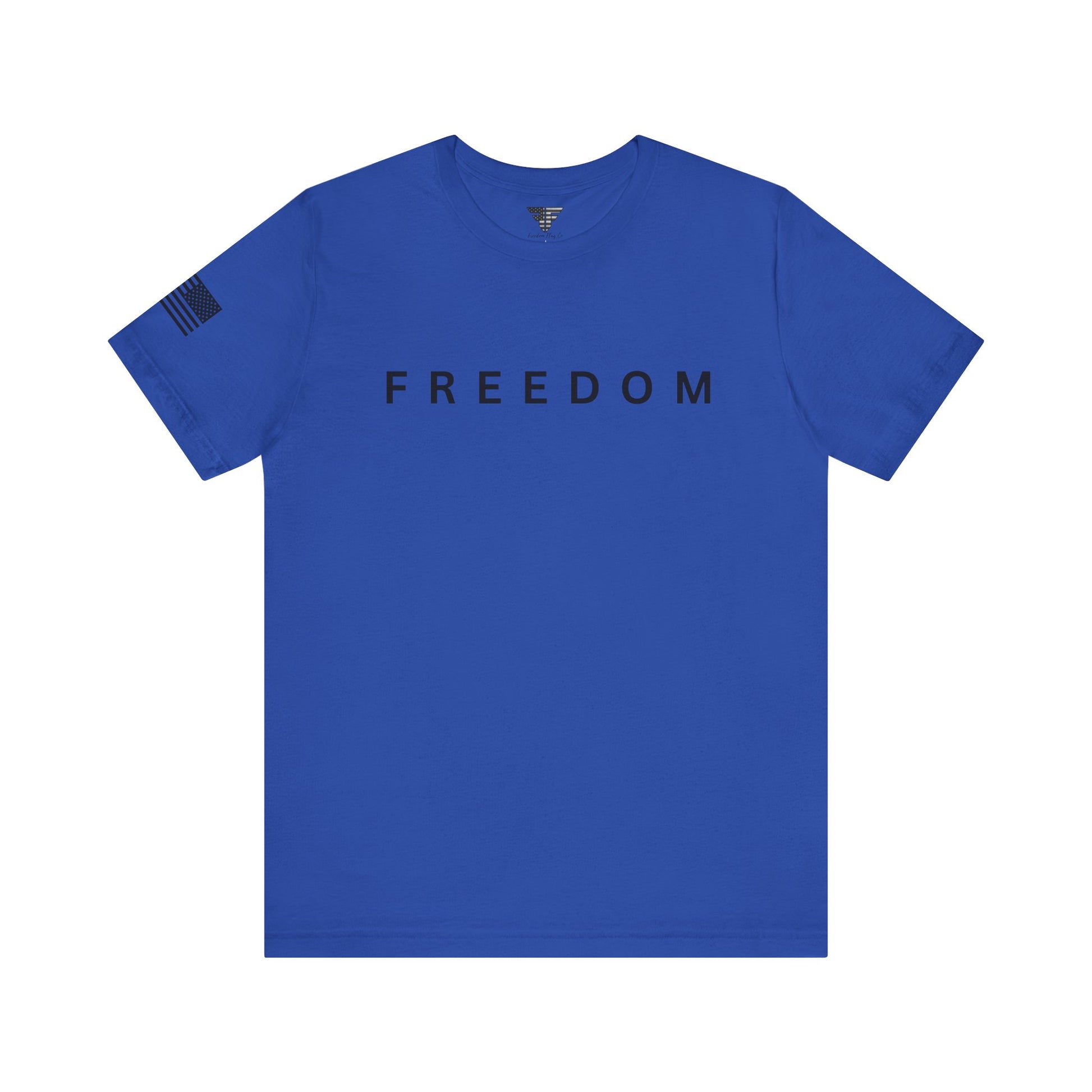 Blue t-shirt with 'FREEDOM' printed on it against a white background