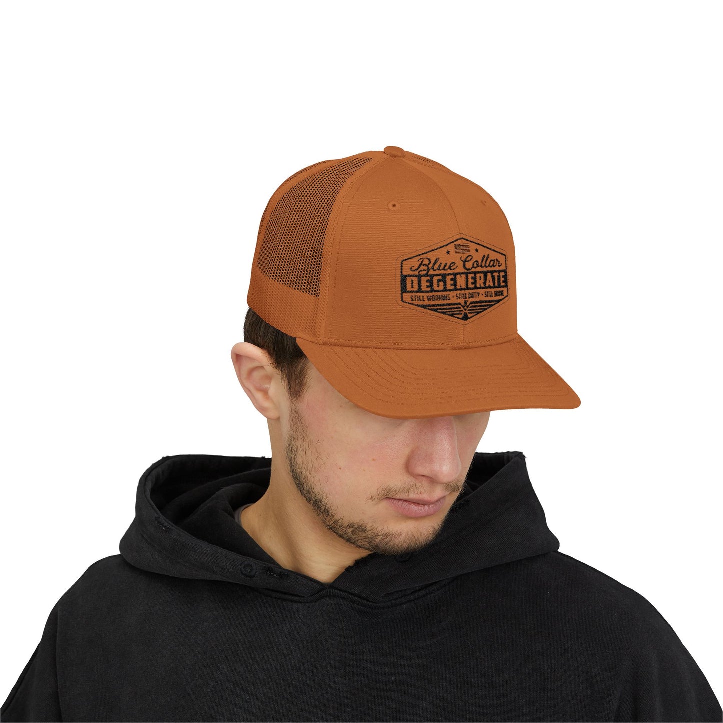 Blue Collar Degenerate Trucker Hat – Snapback Mesh Cap for Hardworking Americans