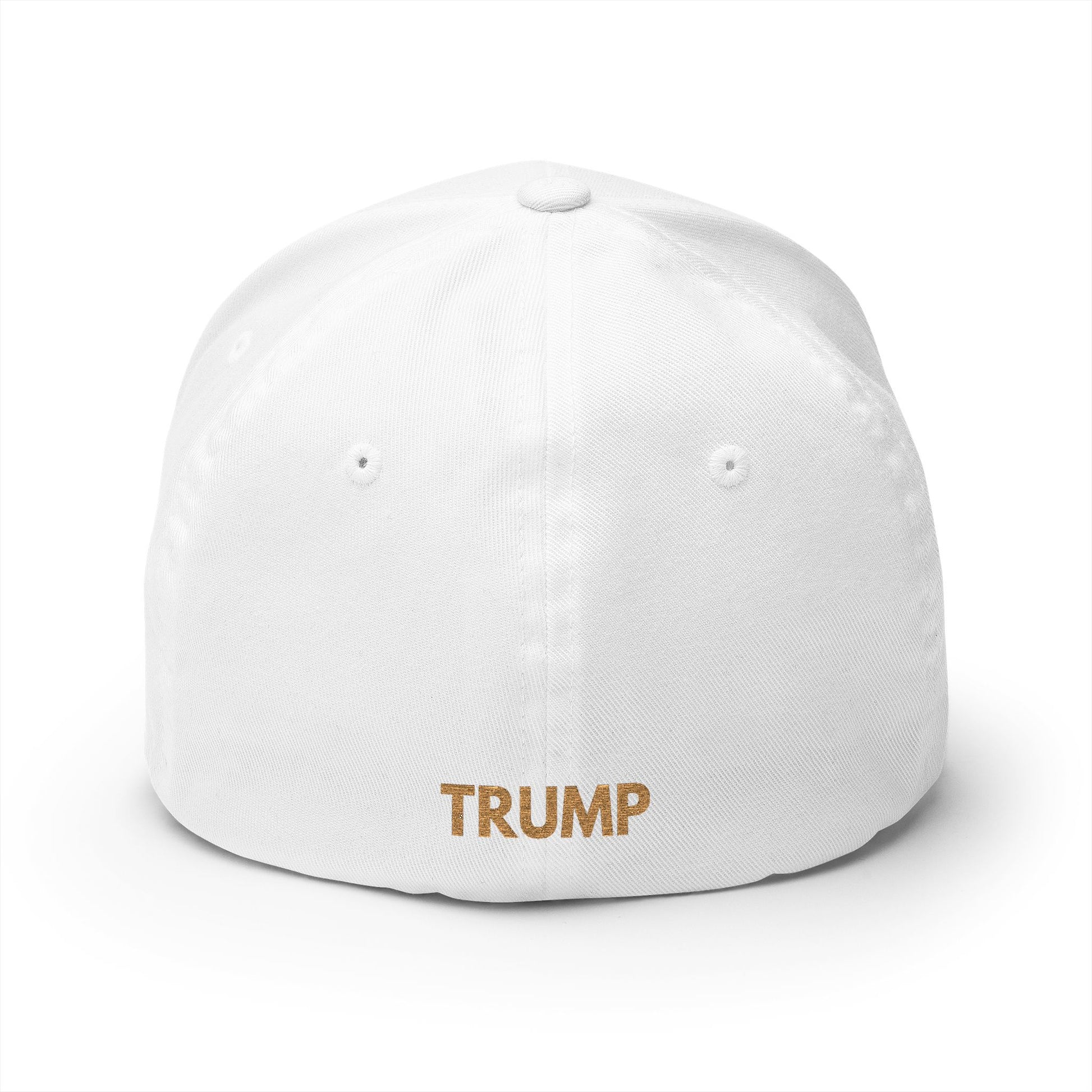 White cap with 'TRUMP' embroidered on a white background