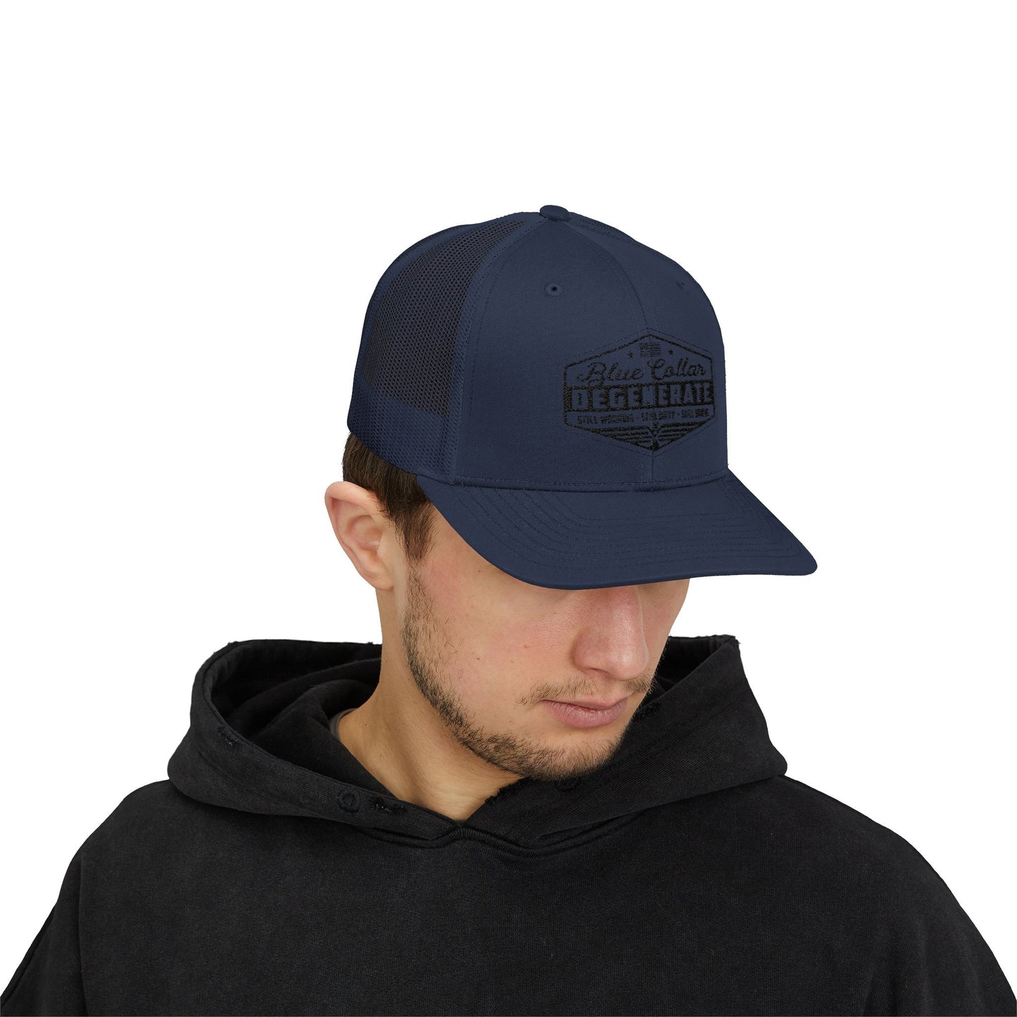 Blue Collar Degenerate Trucker Hat – Snapback Mesh Cap for Hardworking Americans