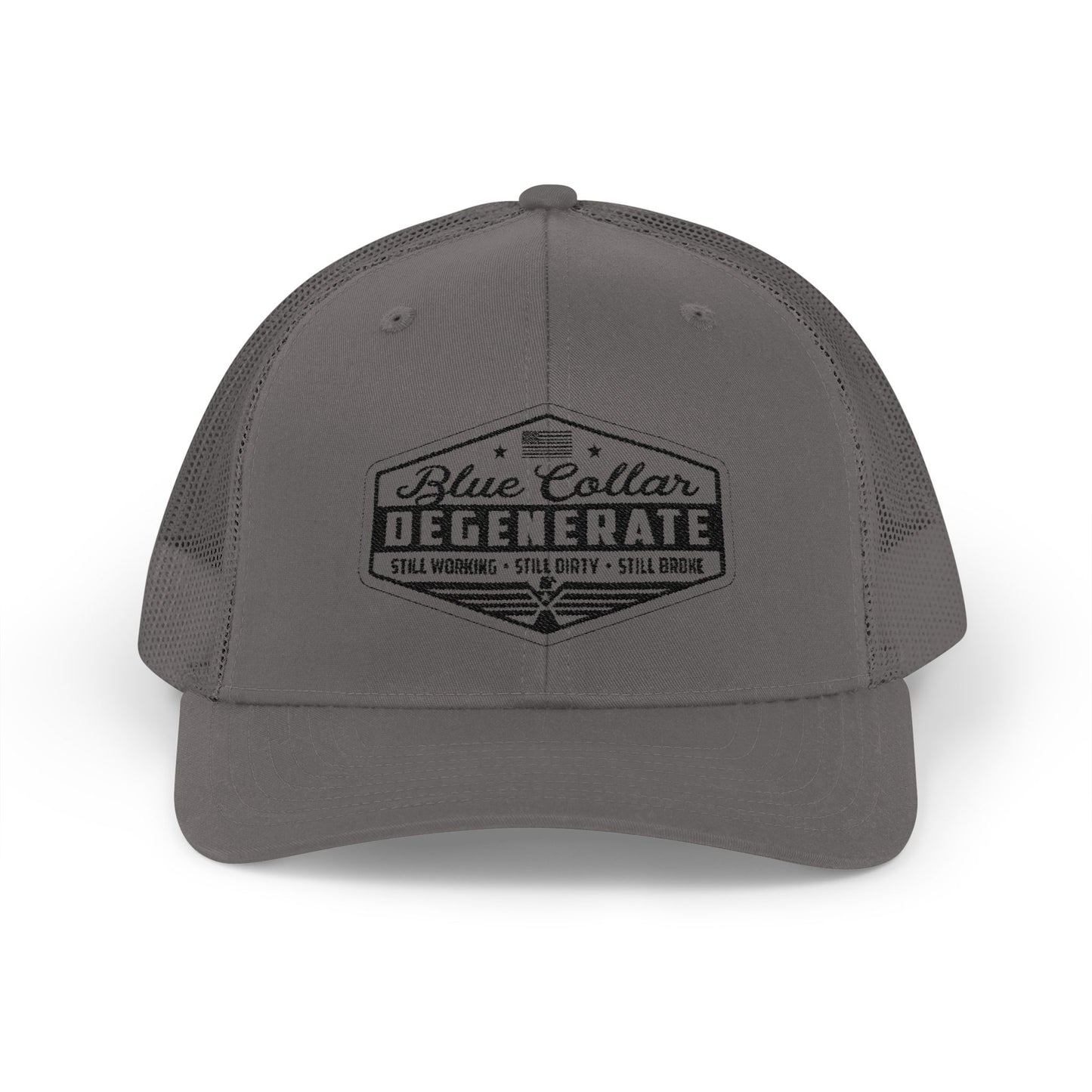 Blue Collar Degenerate Trucker Hat – Snapback Mesh Cap for Hardworking Americans