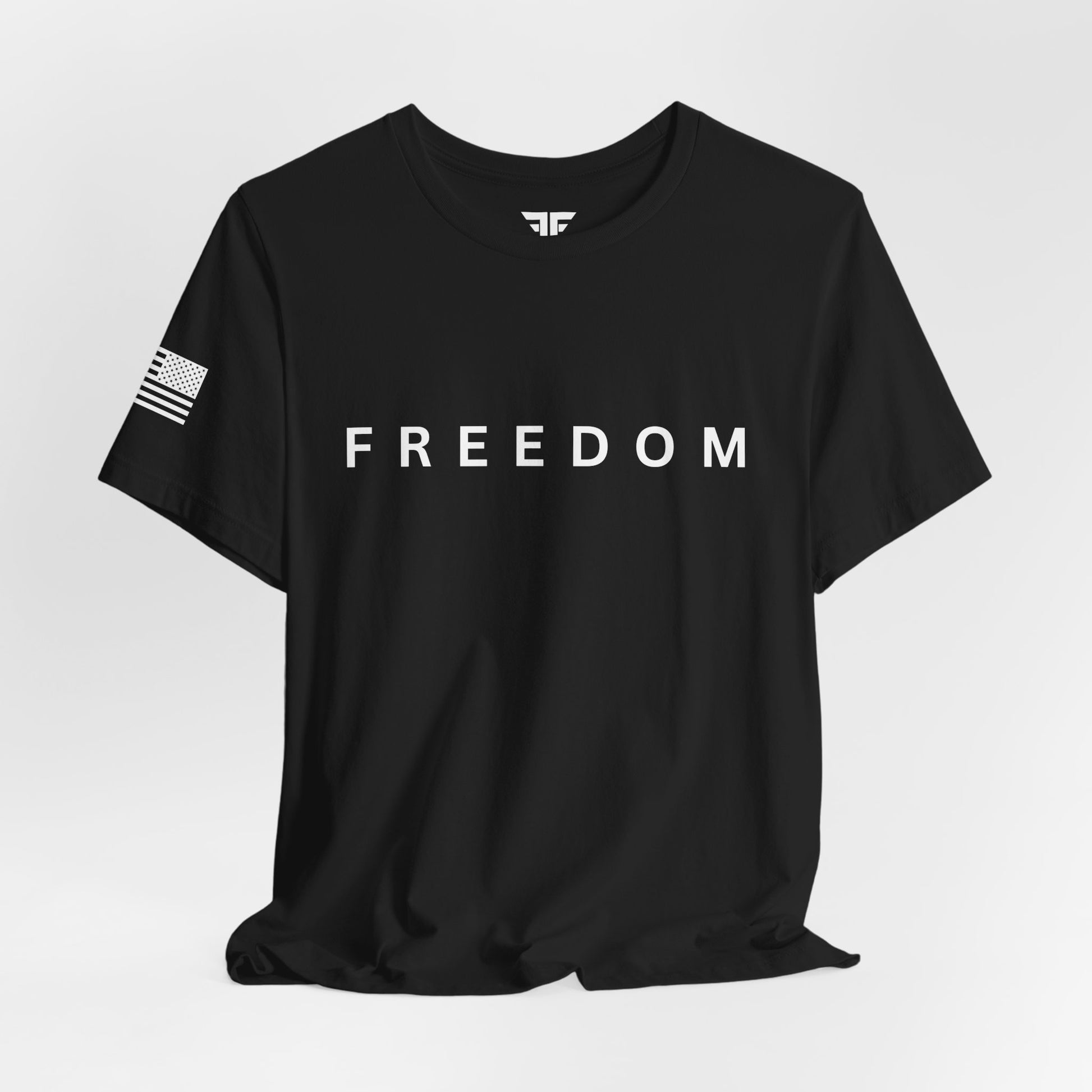 Black t-shirt with 'FREEDOM' text on a white background