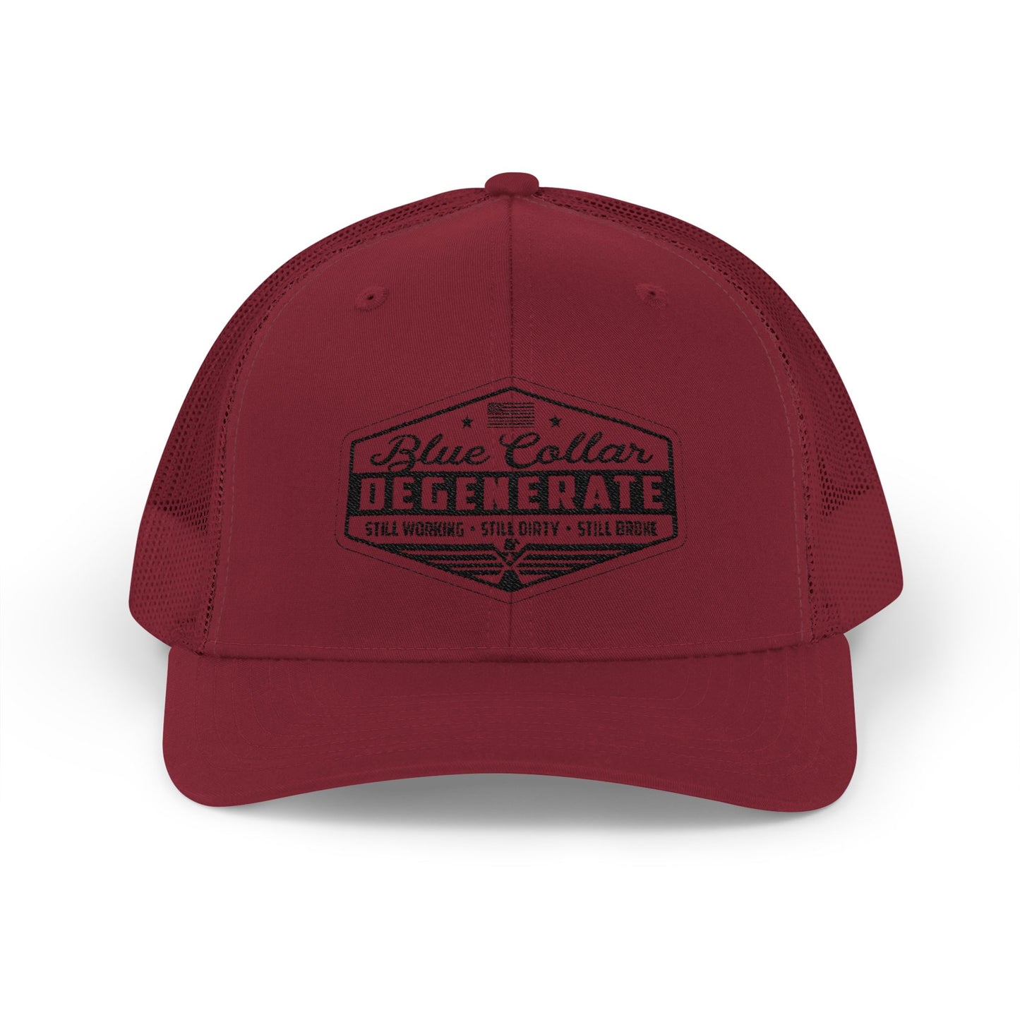 Blue Collar Degenerate Trucker Hat – Snapback Mesh Cap for Hardworking Americans