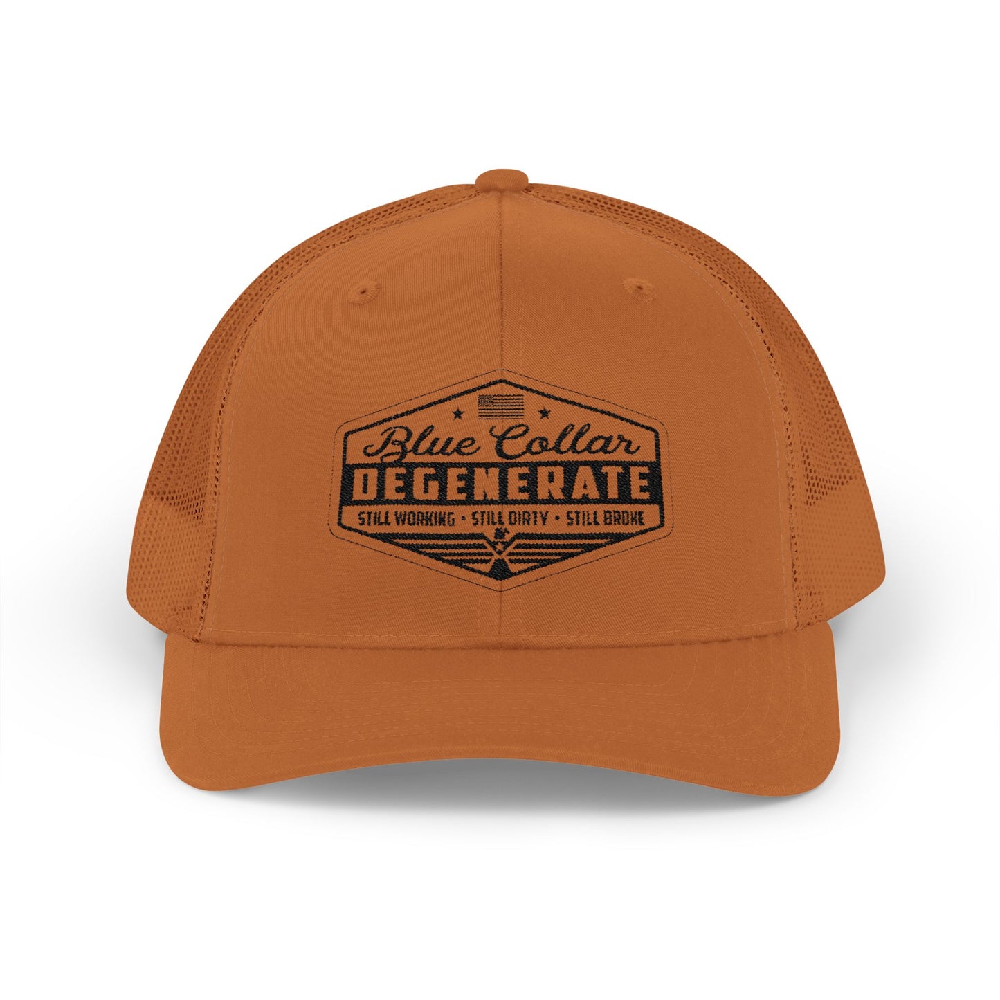 Blue Collar Degenerate Trucker Hat – Snapback Mesh Cap for Hardworking Americans