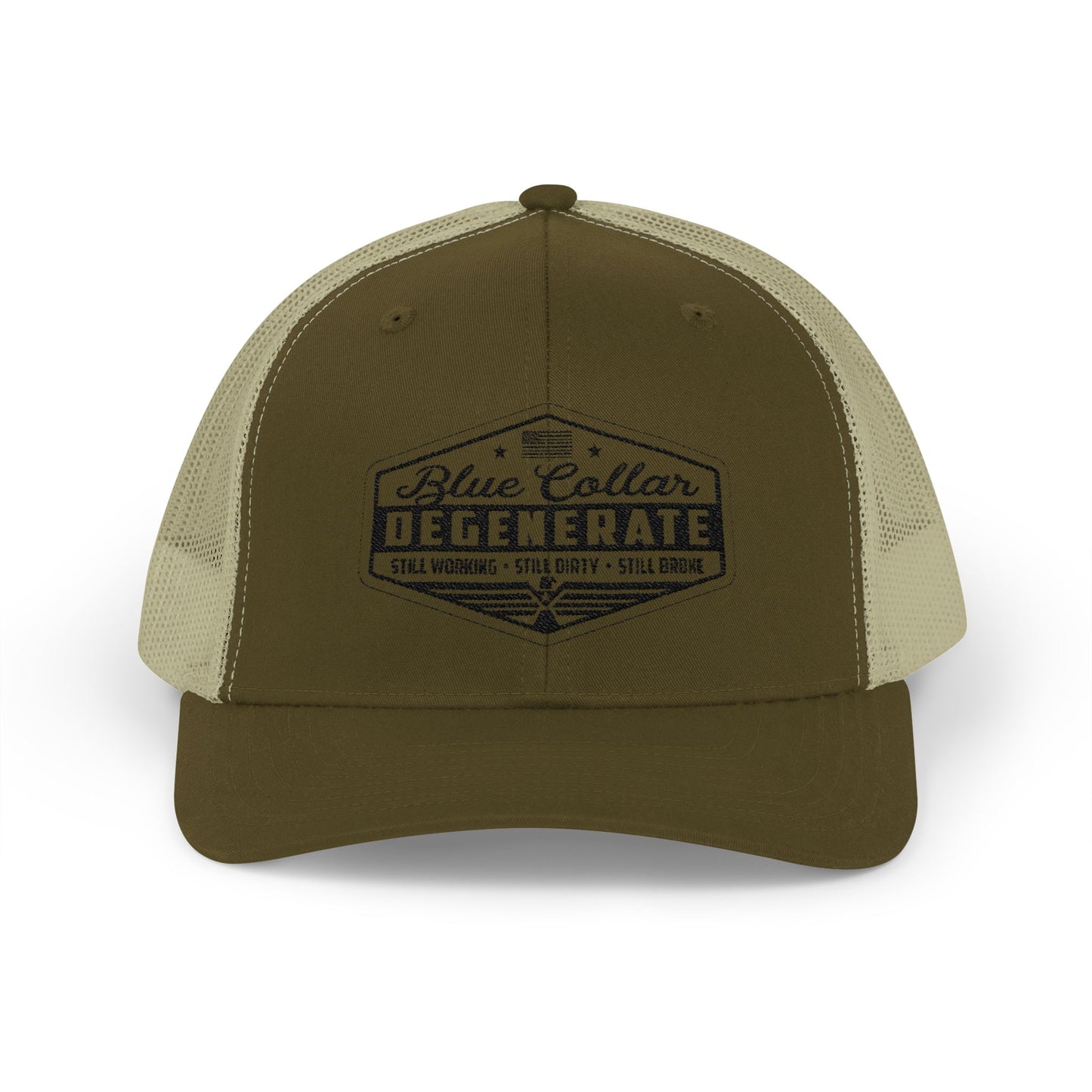 Blue Collar Degenerate Trucker Hat – Snapback Mesh Cap for Hardworking Americans