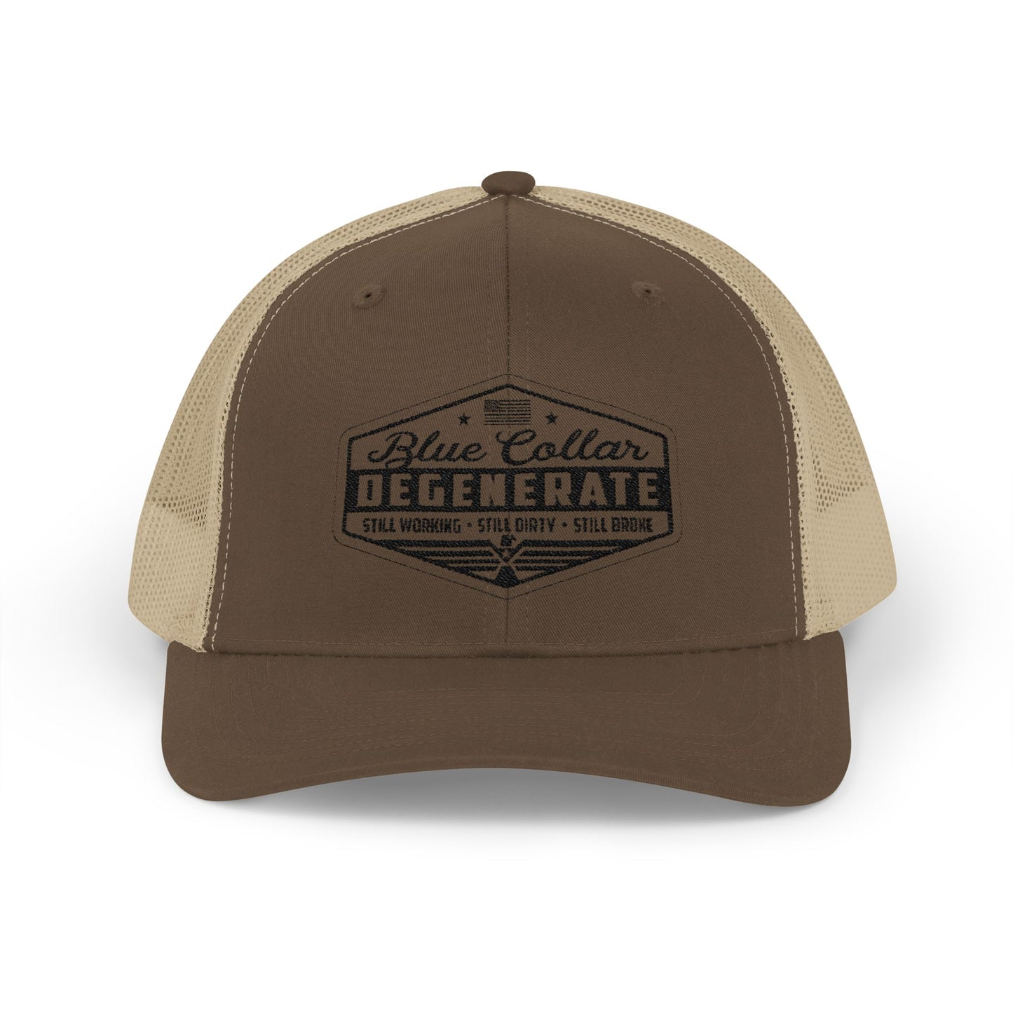 Blue Collar Degenerate Trucker Hat – Snapback Mesh Cap for Hardworking Americans