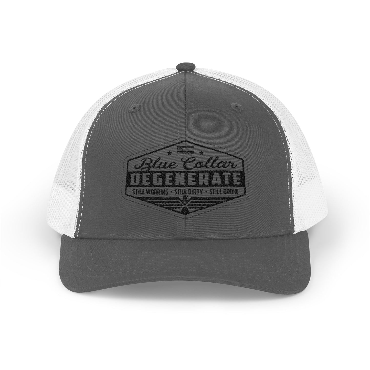 Blue Collar Degenerate Trucker Hat – Snapback Mesh Cap for Hardworking Americans