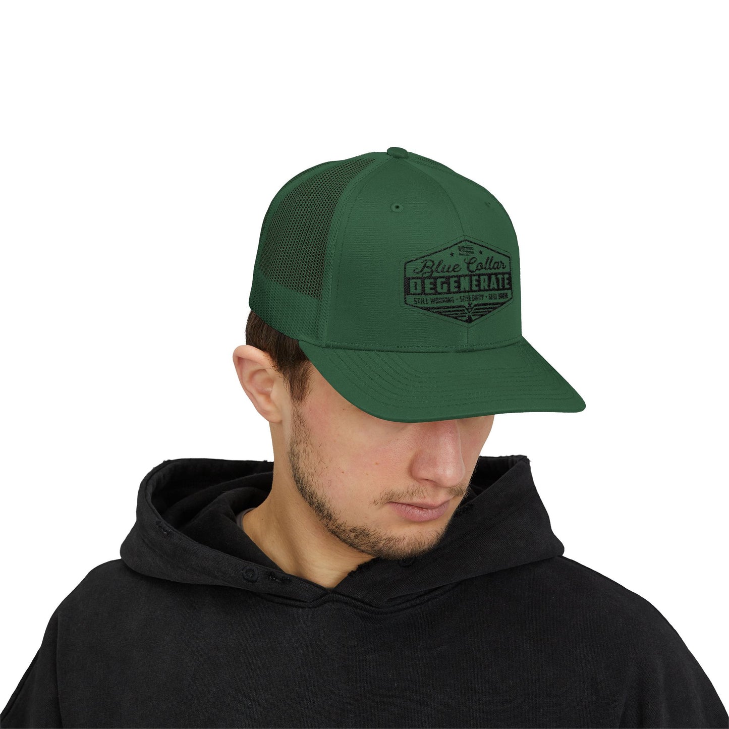 Blue Collar Degenerate Trucker Hat – Snapback Mesh Cap for Hardworking Americans