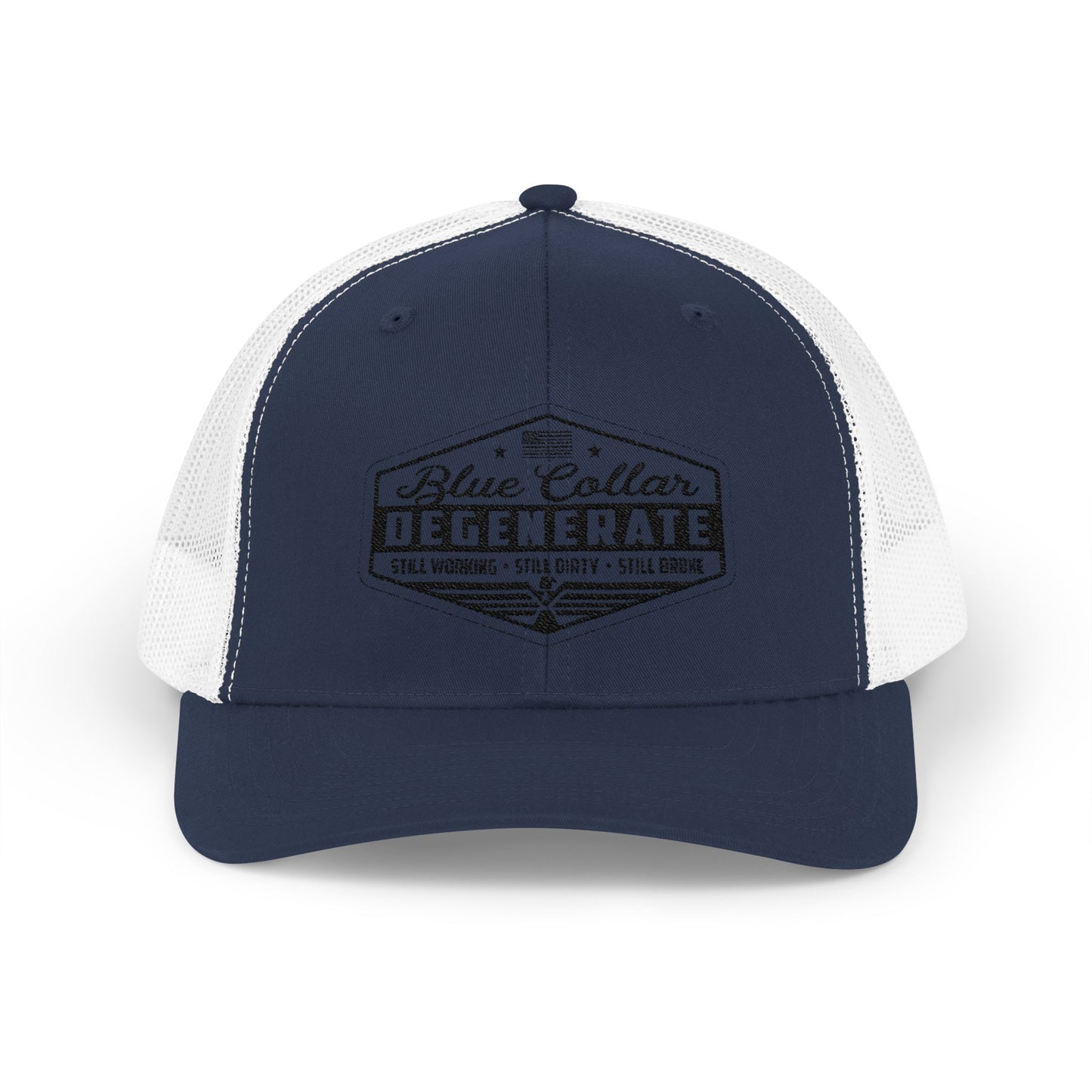 Blue Collar Degenerate Trucker Hat – Snapback Mesh Cap for Hardworking Americans