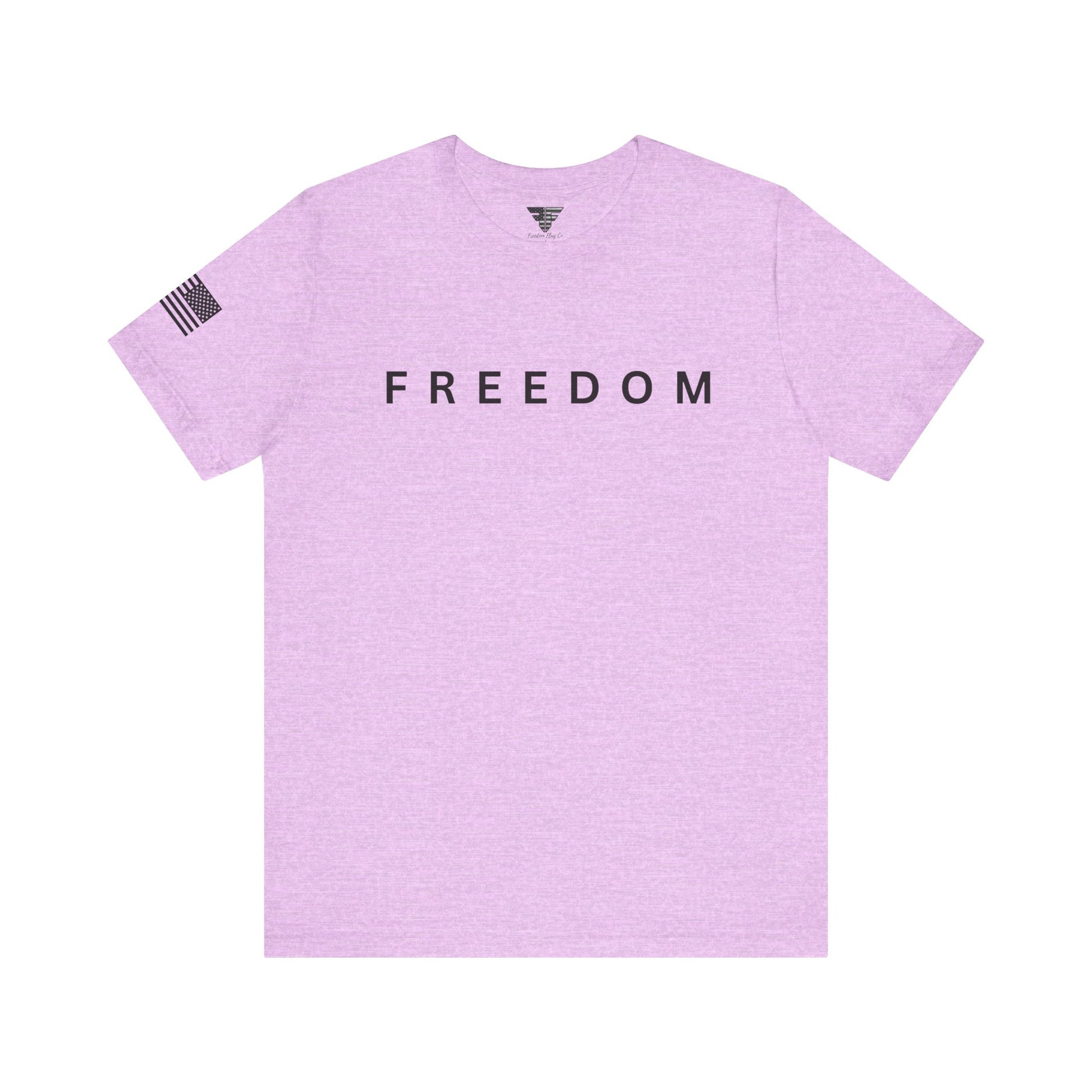 Purple t-shirt with 'FREEDOM' text on a white background