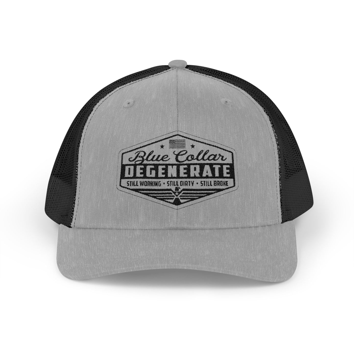 Blue Collar Degenerate Trucker Hat – Snapback Mesh Cap for Hardworking Americans