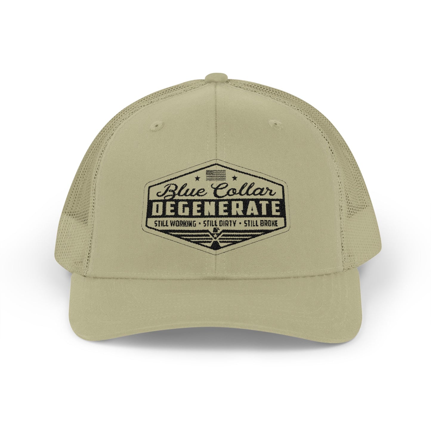 Blue Collar Degenerate Trucker Hat – Snapback Mesh Cap for Hardworking Americans