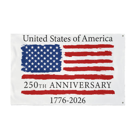 Flag with 'United States of America 250th Anniversary 1776-2026' text on a white background