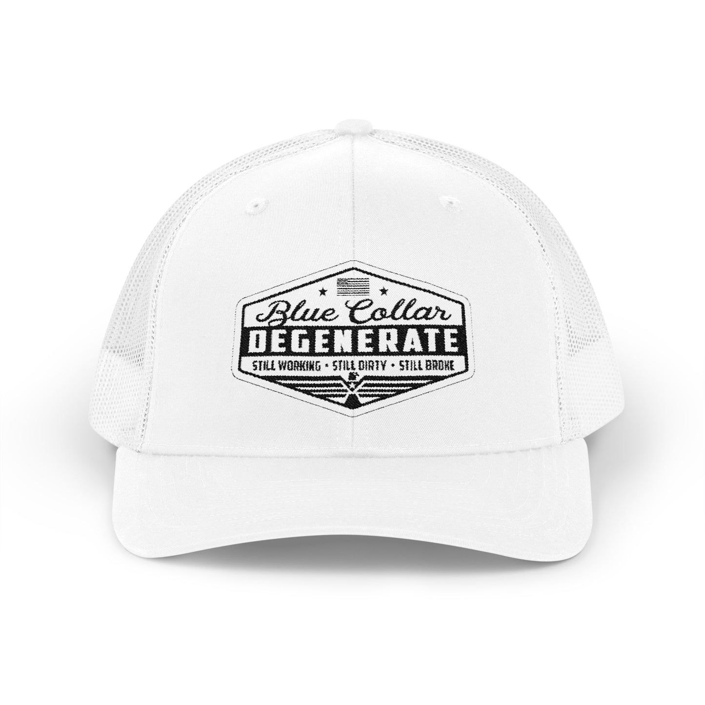 Blue Collar Degenerate Trucker Hat – Snapback Mesh Cap for Hardworking Americans