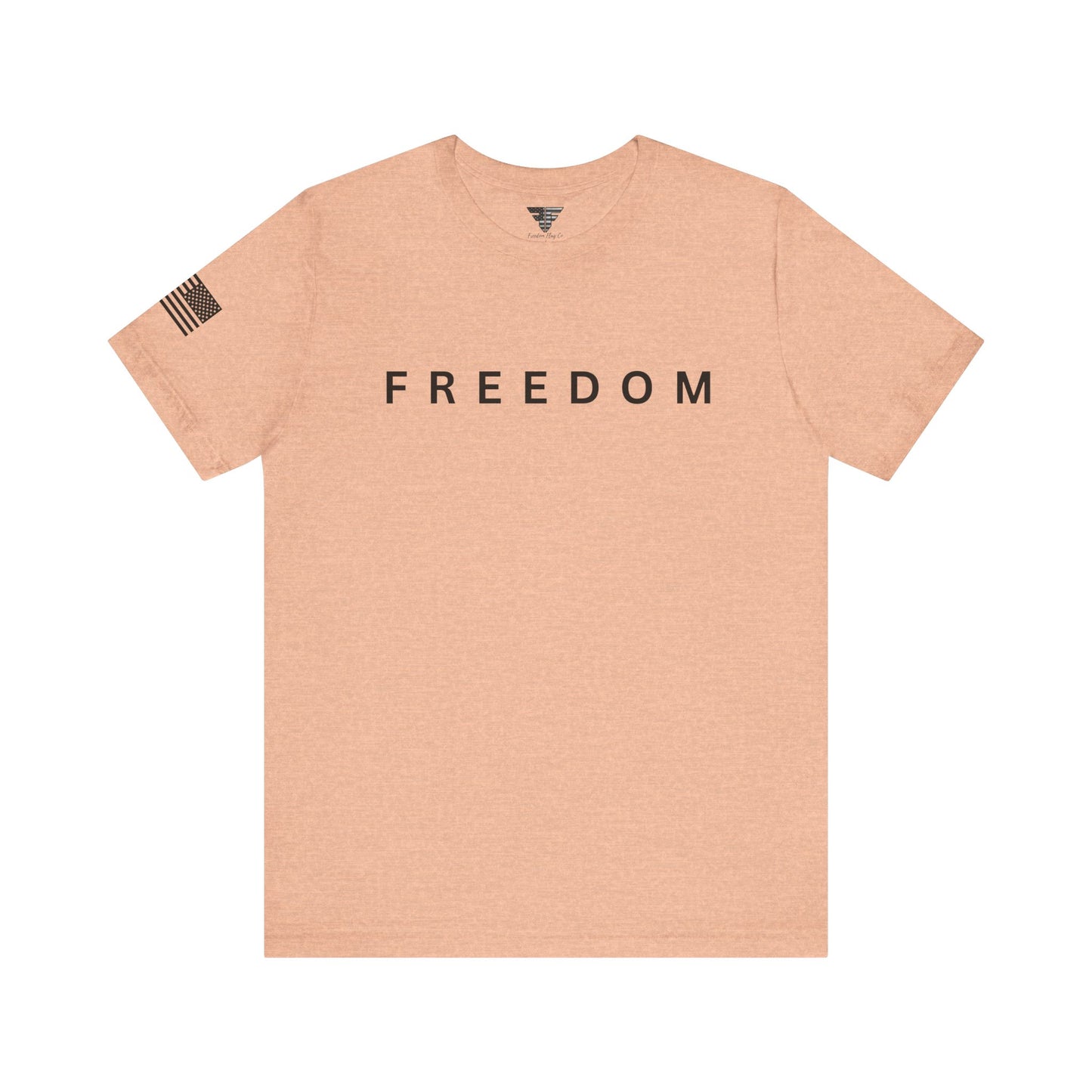 Beige t-shirt with 'FREEDOM' text on a white background