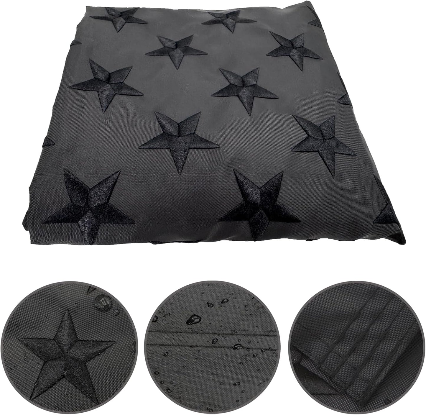 Black star-patterned fabric with close-up details on a white background