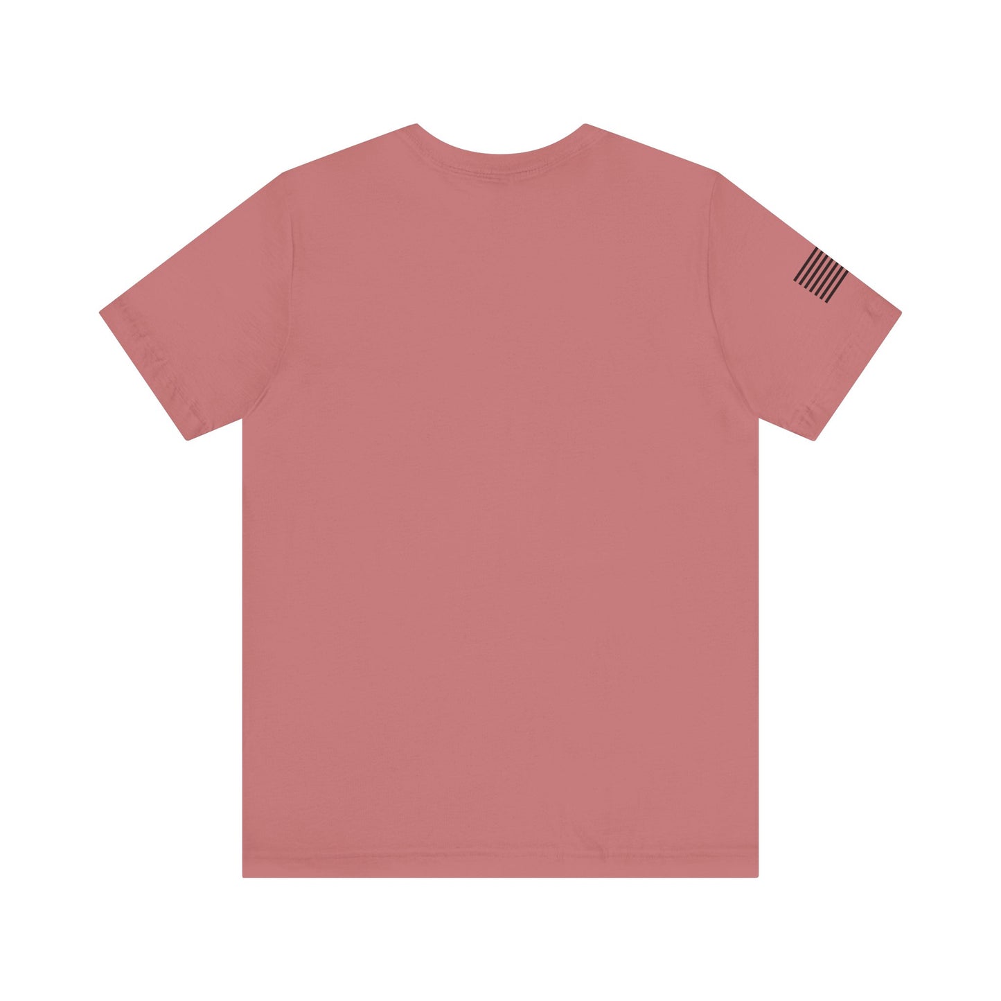 Pink t-shirt with a small flag patch on the sleeve against a white background