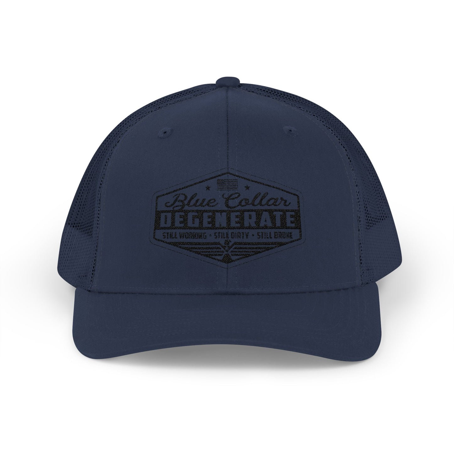 Blue Collar Degenerate Trucker Hat – Snapback Mesh Cap for Hardworking Americans