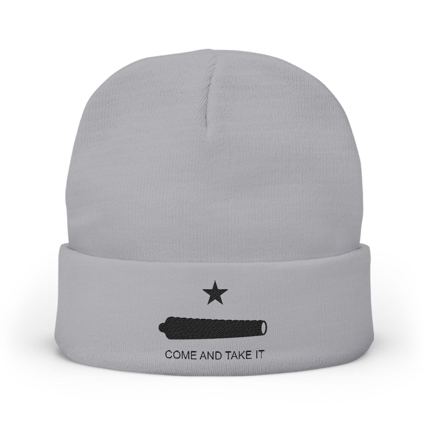 Gray beanie with 'Come and Take It' design on a white background