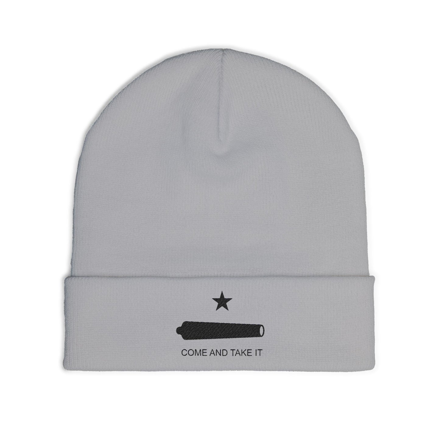 Gray beanie with a star and text design on a white background