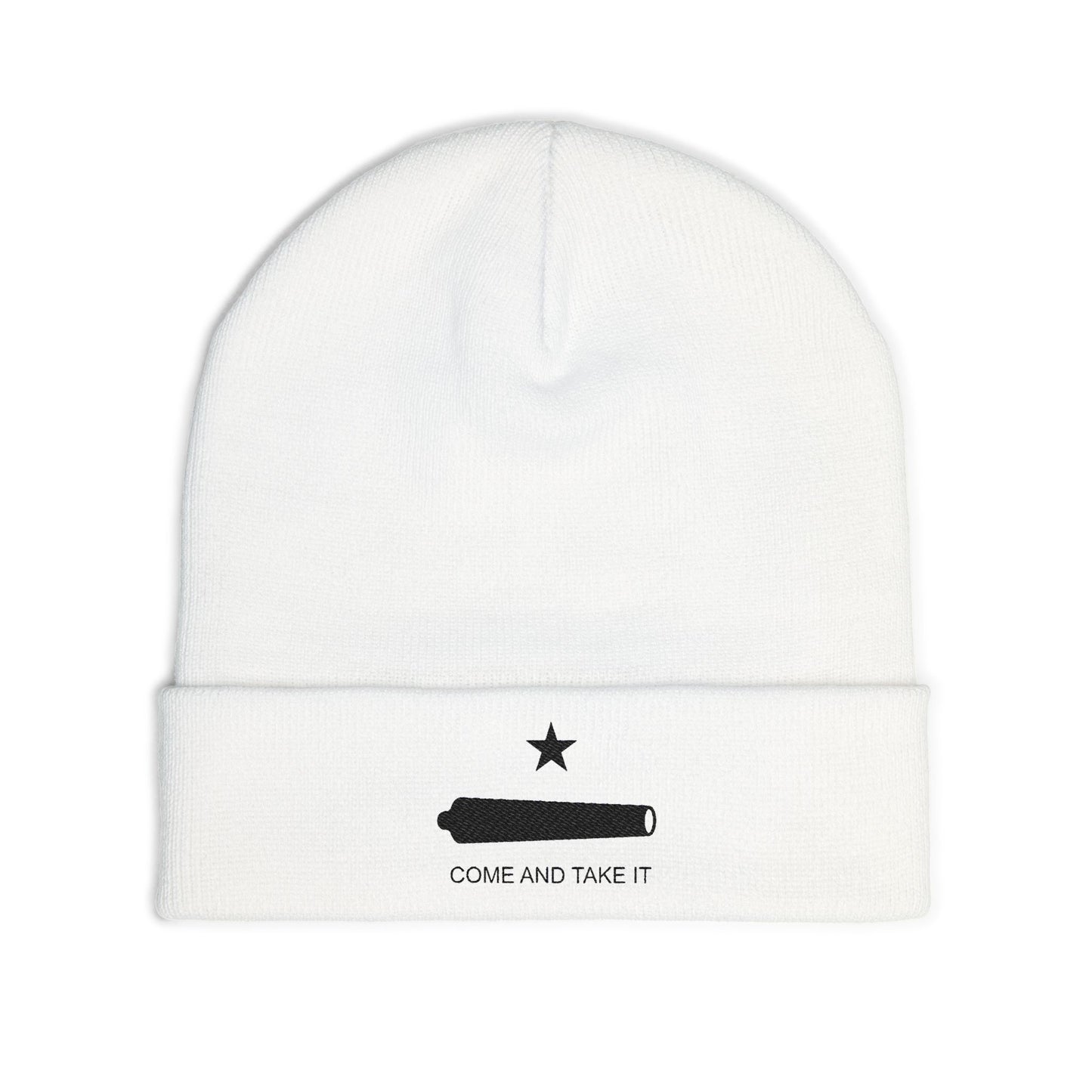 White beanie with black star and text design on a white background