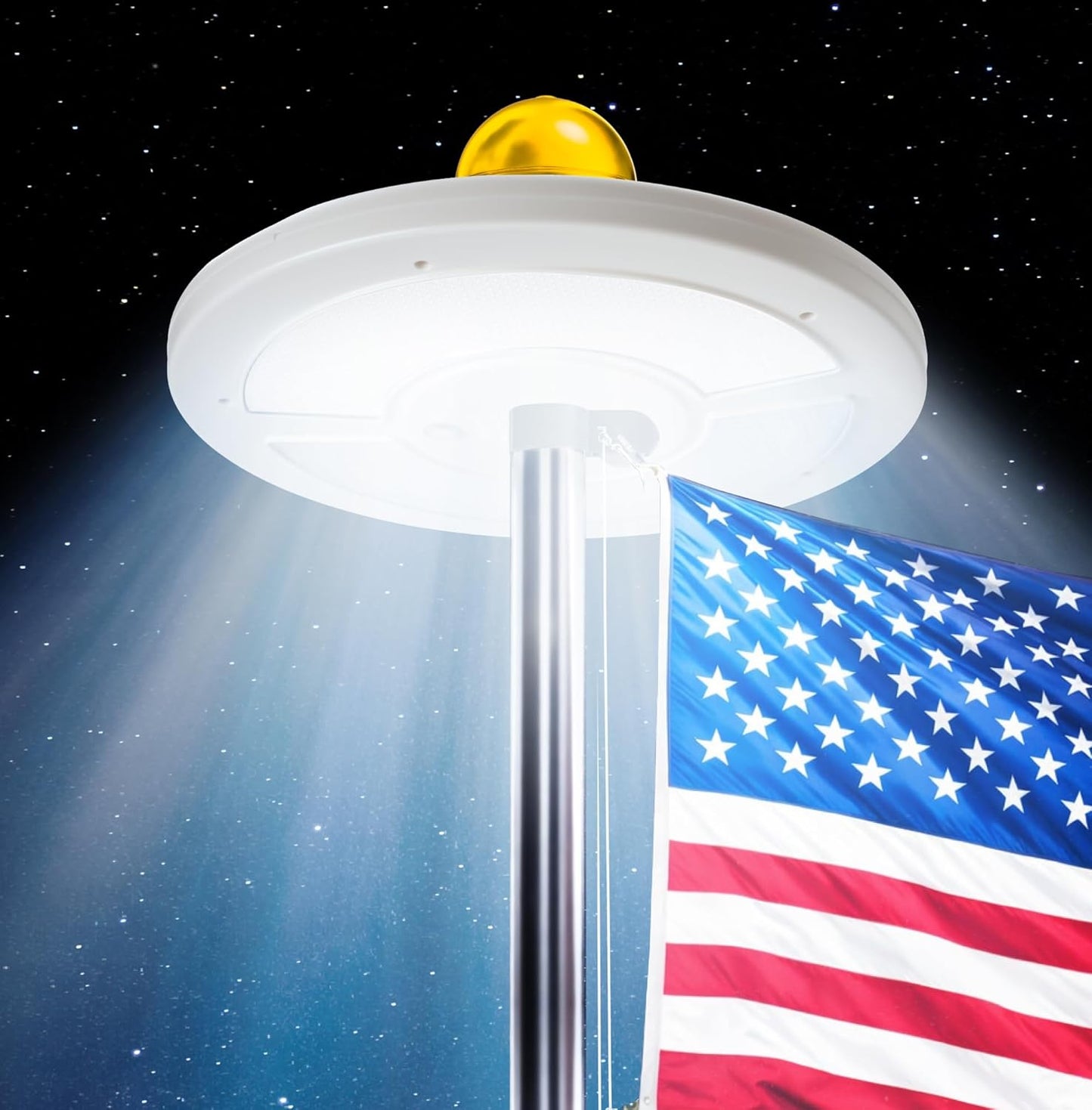 UFO-like object with a gold sphere above a flag against a starry night sky