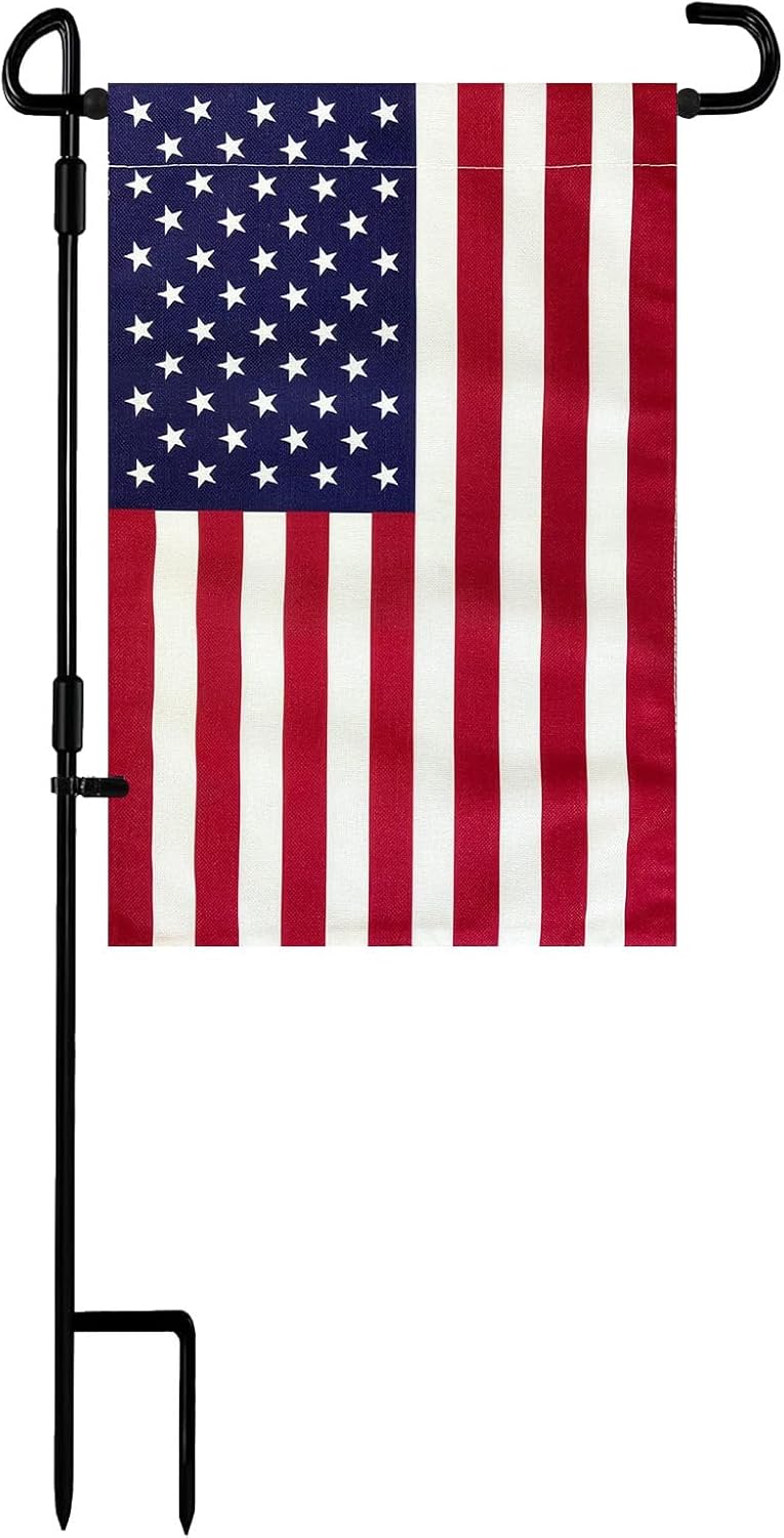 Garden Flag Stand with American Flag – 12" x 18" Garden Flag and Metal Pole Holder with Clips & Stopper - Freedom Flag Co.