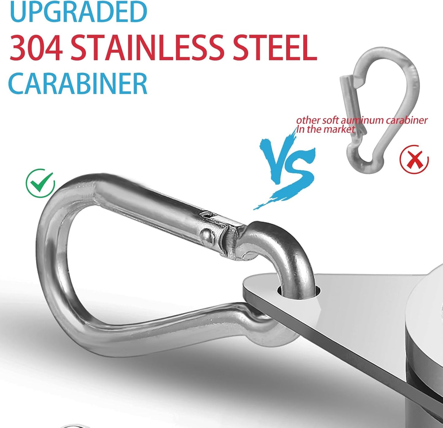 Upgraded 304 stainless steel carabiner with comparison to other carabiners on a white background.