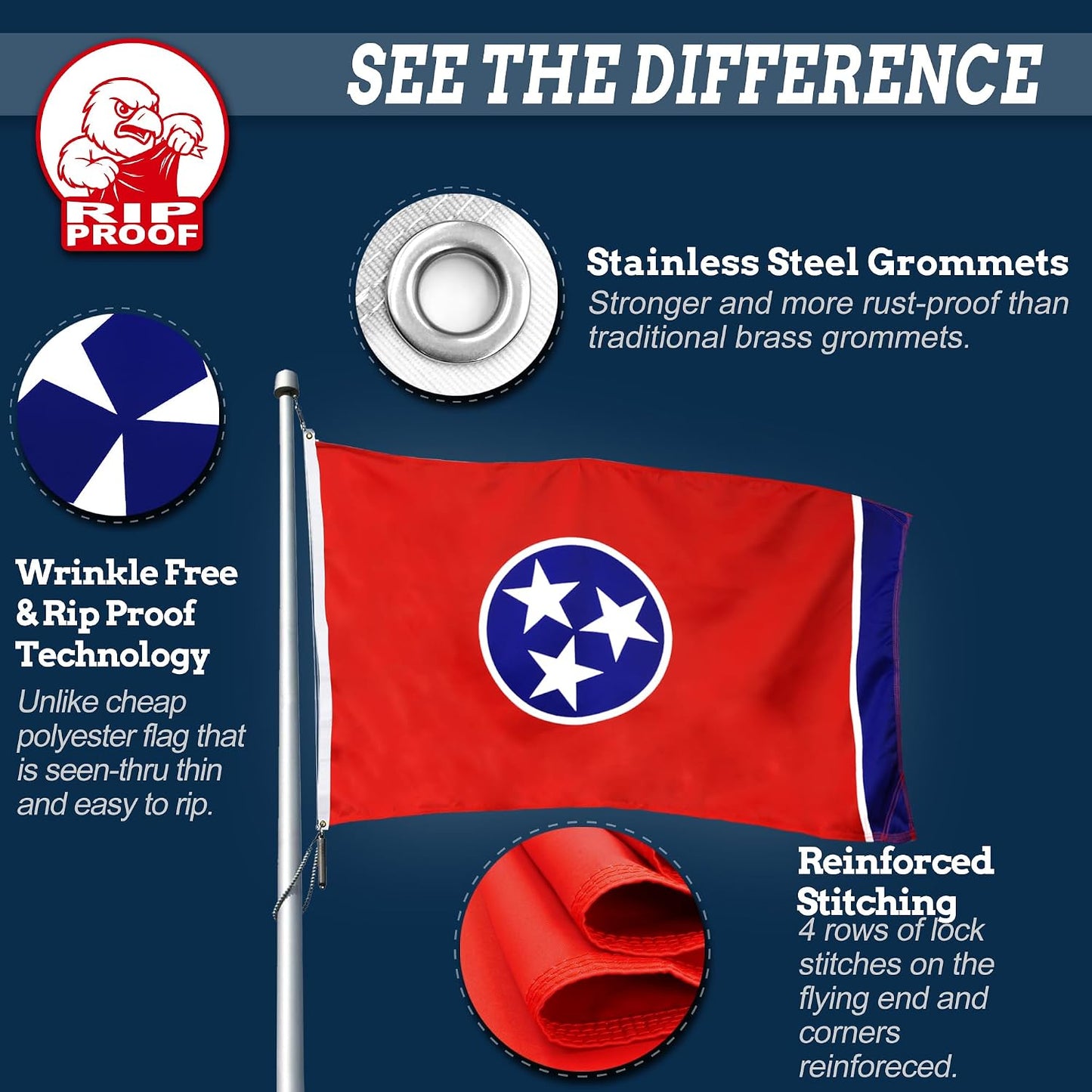 3' x 5' Rip-Proof Double-Sided 3-Ply Tennessee State Flag | Heavy-Duty Outdoor Flag