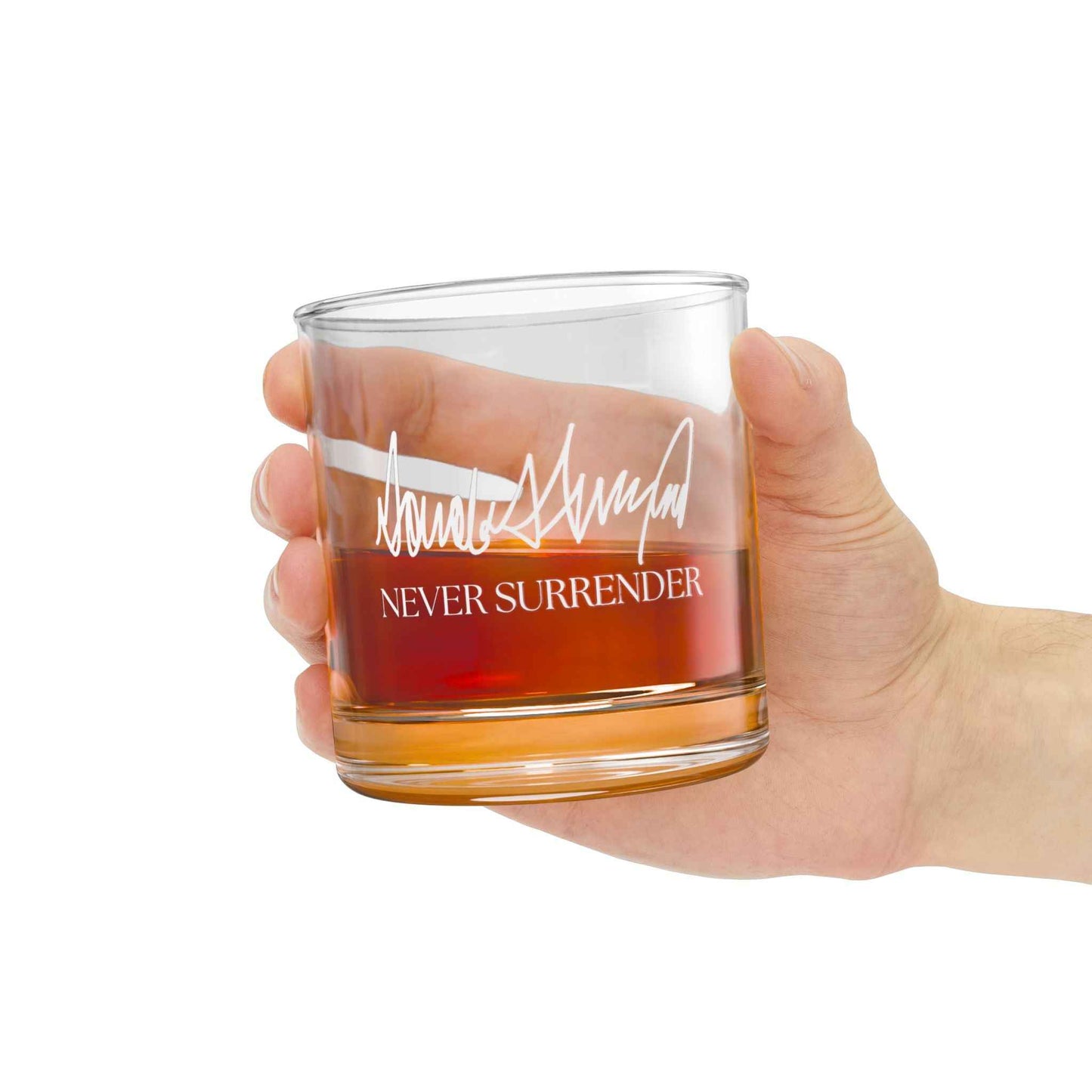 Never Surrender Trump Whiskey Glass – 10oz Patriotic Gift