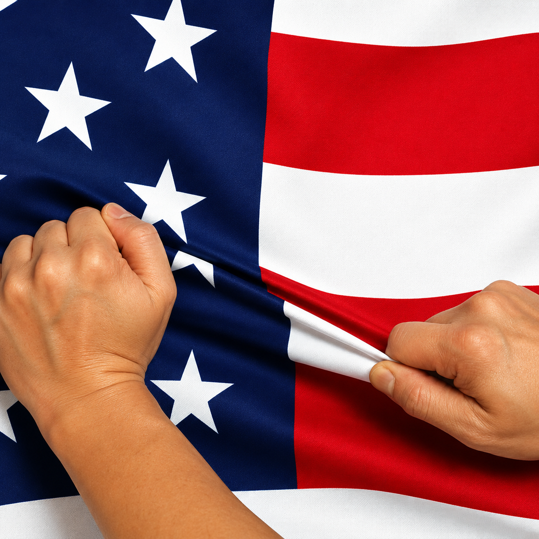 High-resolution close-up of hands pulling on a heavy-duty American rip-proof durability and outdoor strength.
