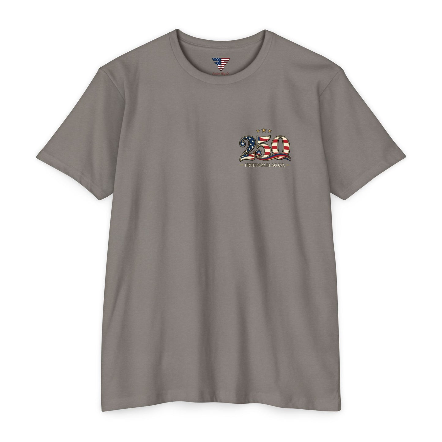 Gray t-shirt with a 250th anniversary design on a white background