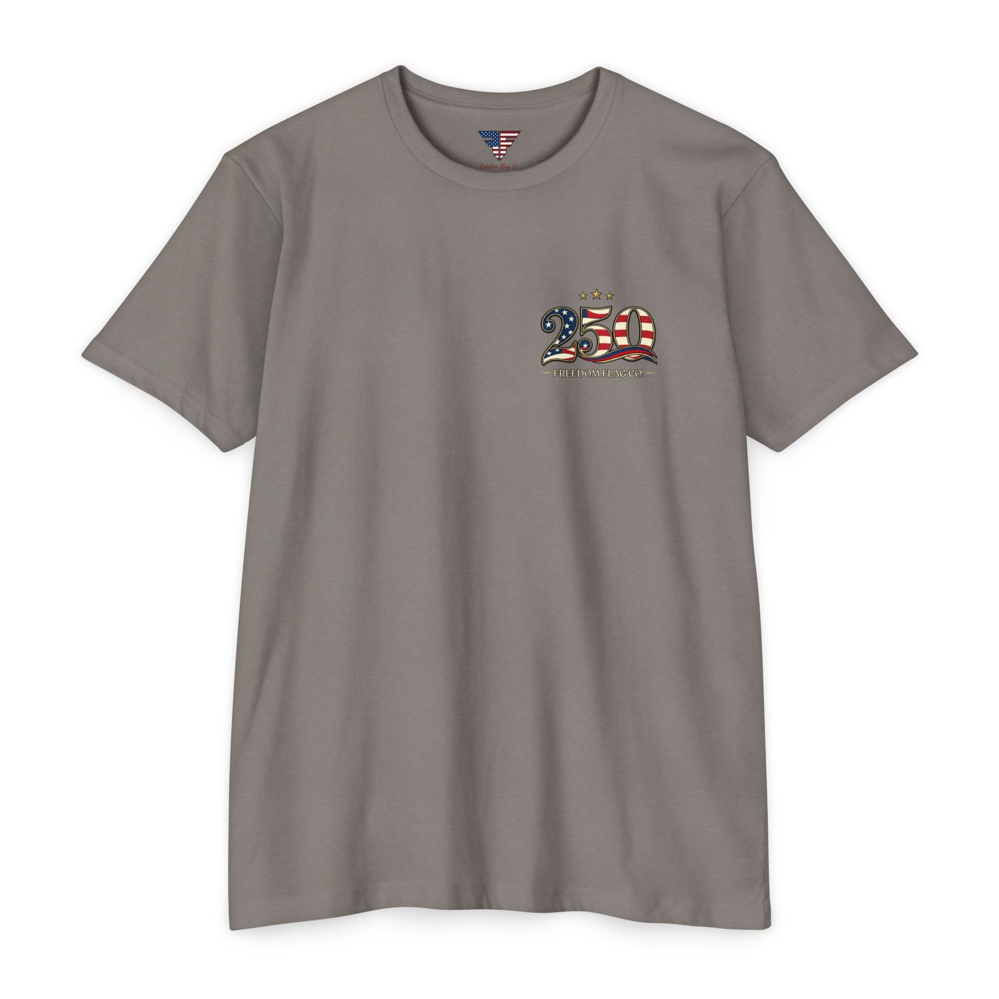 Gray t-shirt with a 250th anniversary design on a white background
