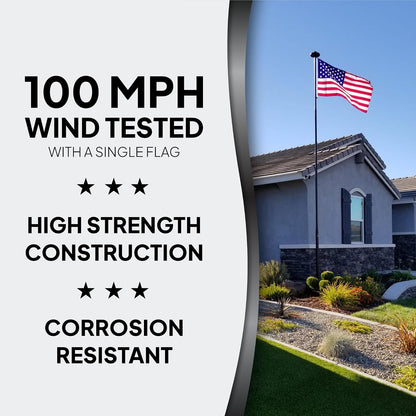A promotional graphic for a single American flag with text reading '100 MPH WIND TESTED WITH A SINGLE FLAG,' 'HIGH STRENGTH CONSTRUCTION,' and 'CORROSION RESISTANT.' The right side shows a house exterior with the flag flying on a pole in a landscaped yard under a blue sky.