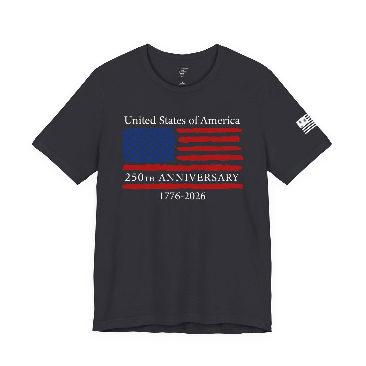 Black t-shirt with American flag design and text on a white background