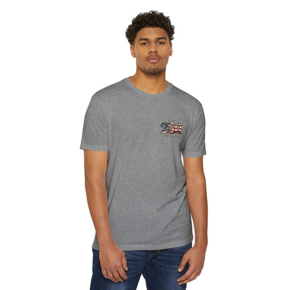 Man wearing a gray t-shirt with 'King of the Beach' text on a white background