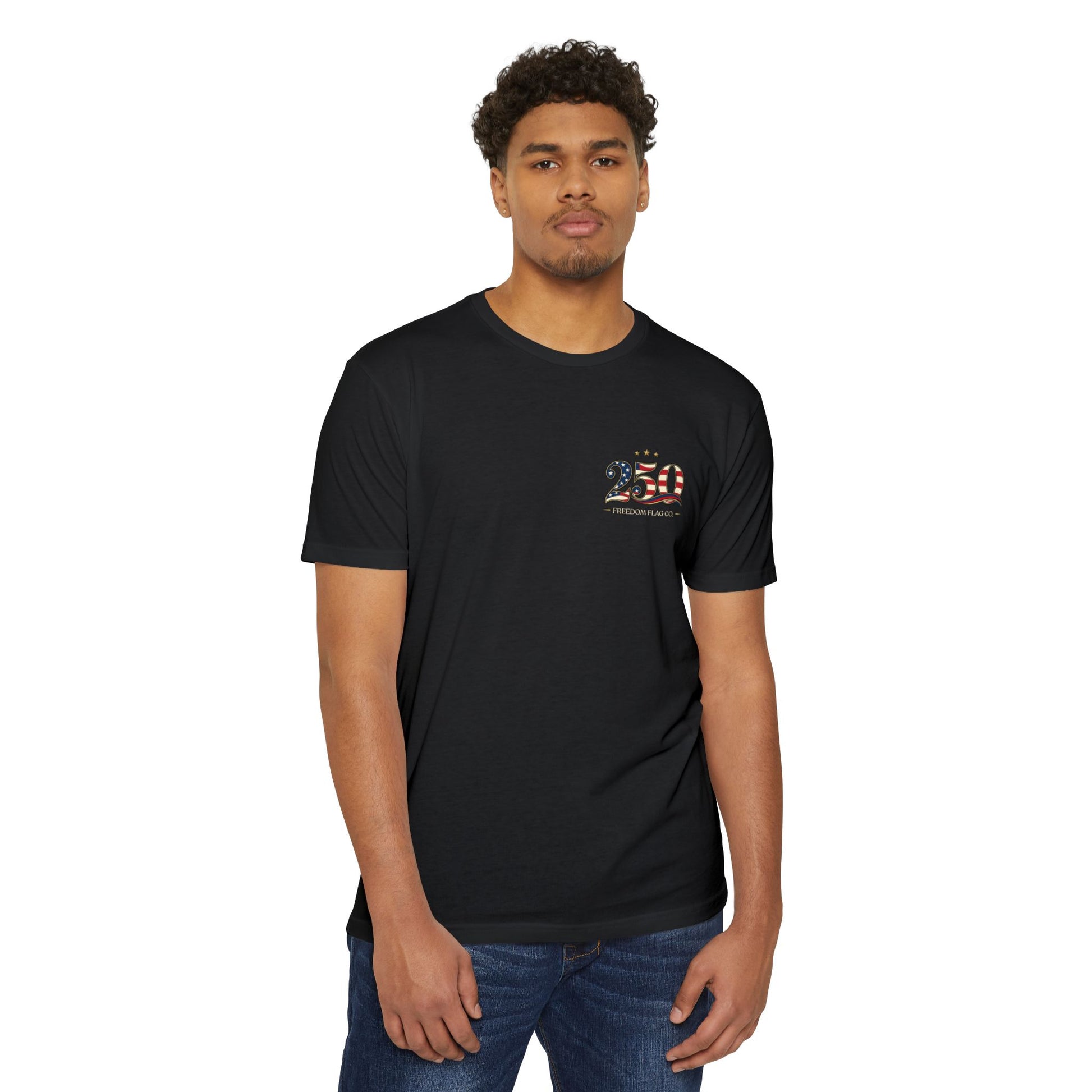 Man wearing a black t-shirt with a red logo on a white background