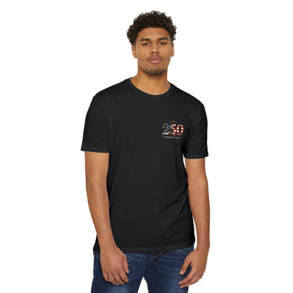 Man wearing a black t-shirt with a red logo on a white background