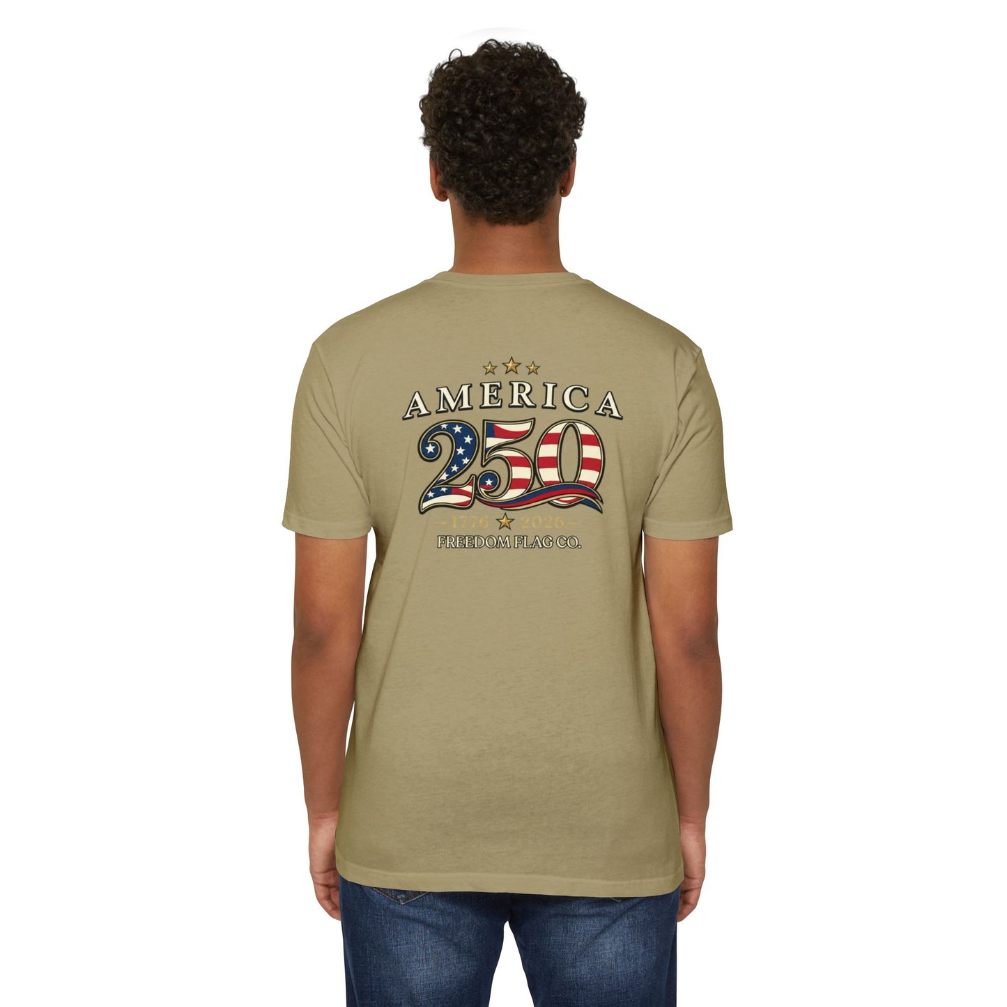 Person wearing a khaki t-shirt with 'America 250' design on the back, on a white background