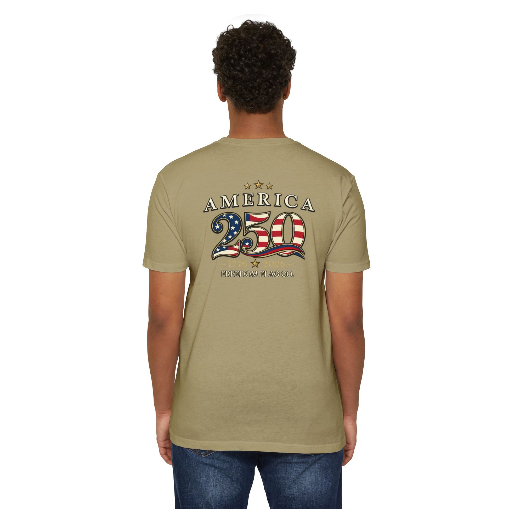 Person wearing a khaki t-shirt with 'America 250' design on the back, on a white background