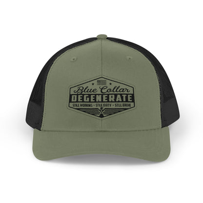 Blue Collar Degenerate Trucker Hat – Snapback Mesh Cap for Hardworking Americans