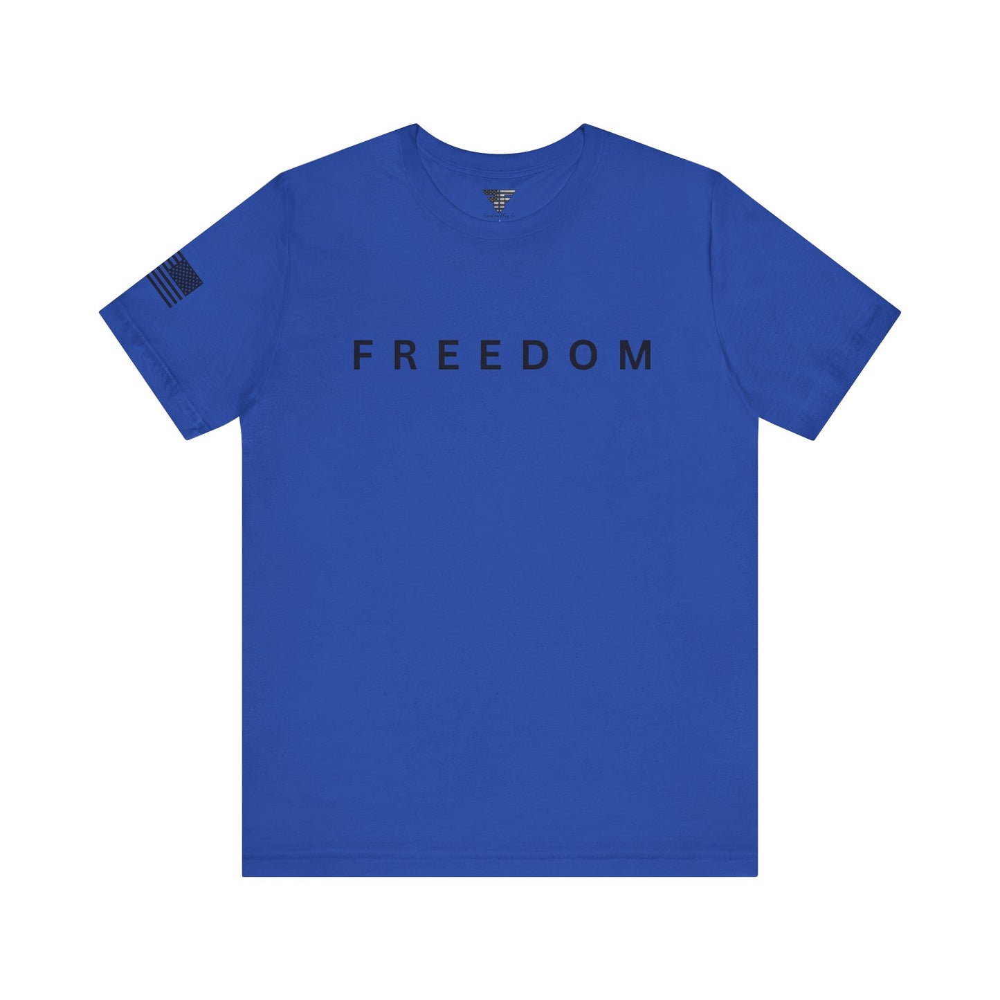 Blue t-shirt with 'FREEDOM' printed on it against a white background