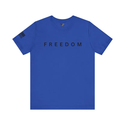 Blue t-shirt with 'FREEDOM' printed on it against a white background