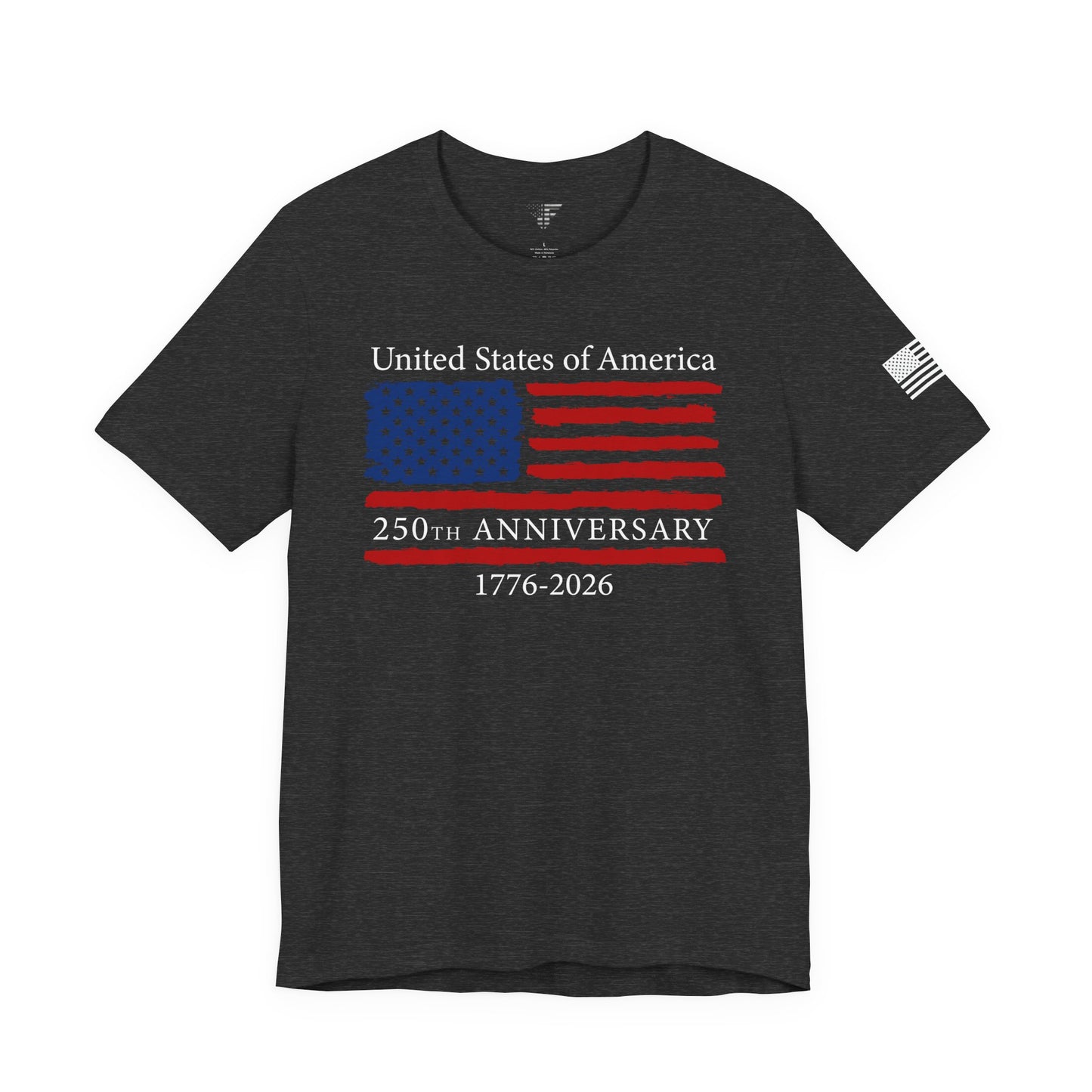 Black t-shirt with American flag design and text on a white background