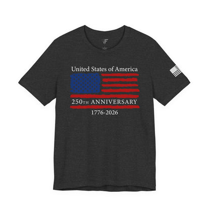 Black t-shirt with American flag design and text on a white background