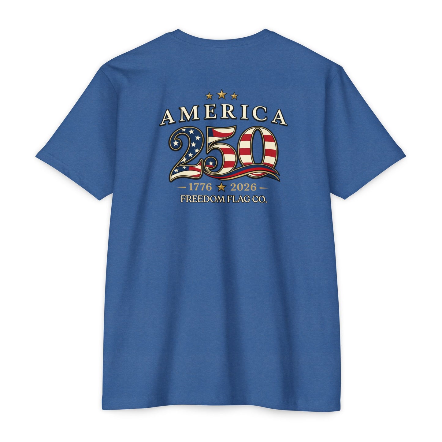 Blue t-shirt with 'America 250' design on the back, featuring stars and stripes, on a white background.
