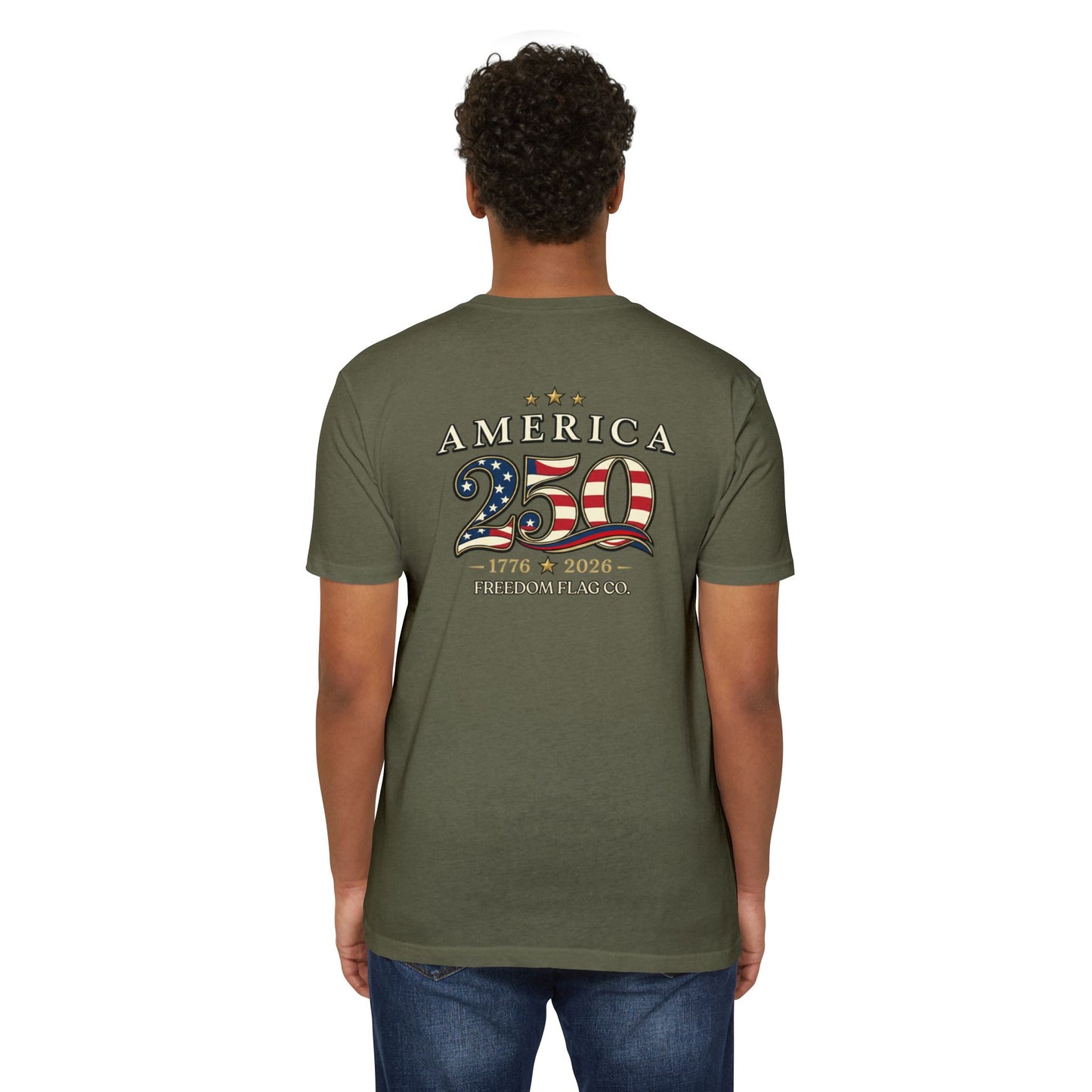 Person wearing a green t-shirt with 'America 250' design on the back, featuring an American flag.