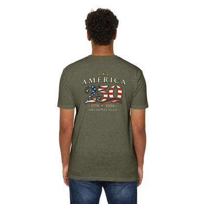 Person wearing a green t-shirt with 'America 250' design on the back, featuring an American flag.