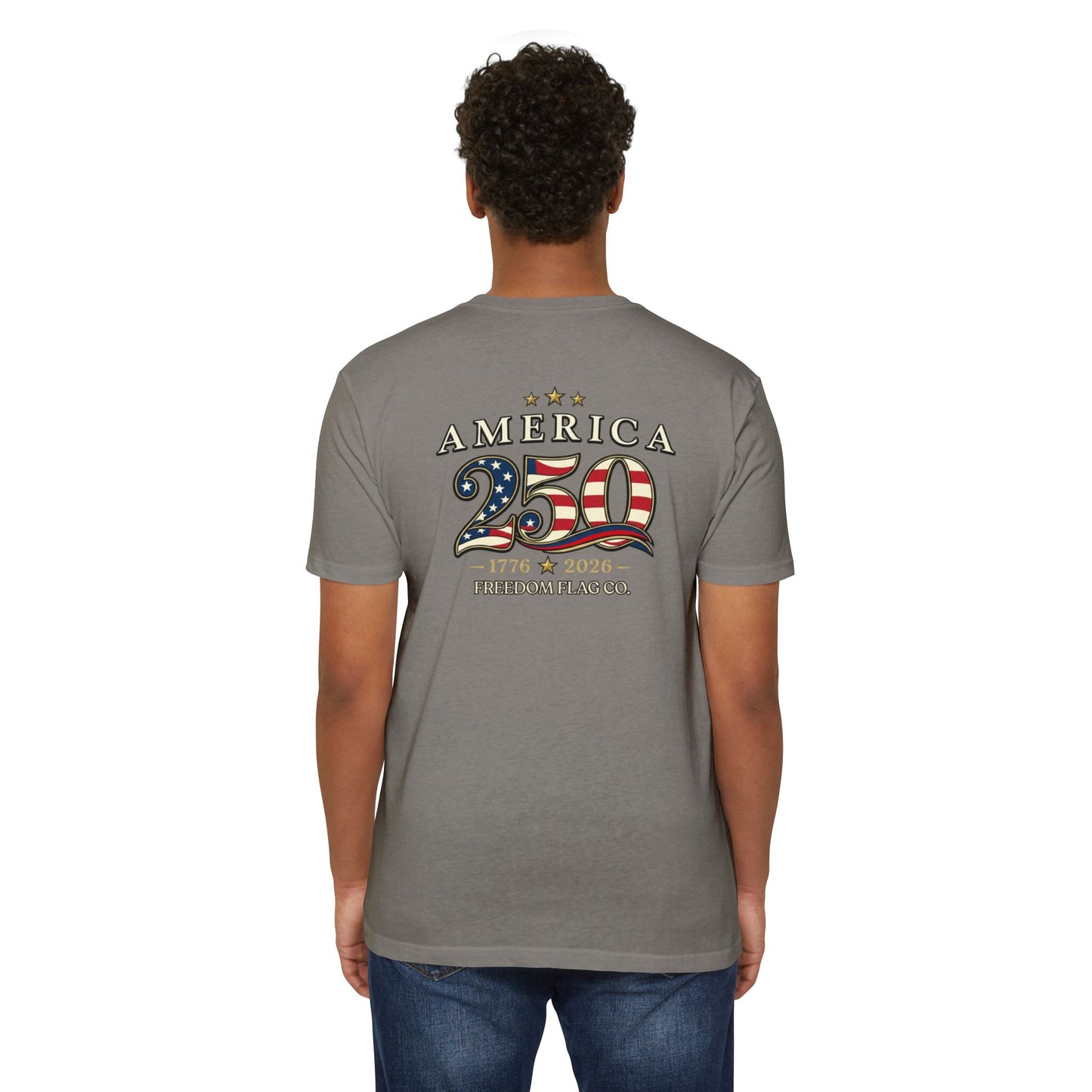 Person wearing a gray t-shirt with 'America 250' design on the back, on a white background