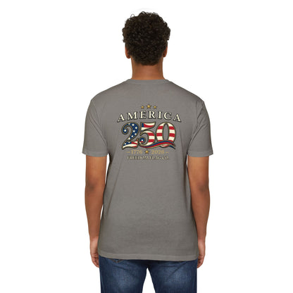Person wearing a gray t-shirt with 'America 250' design on the back, on a white background